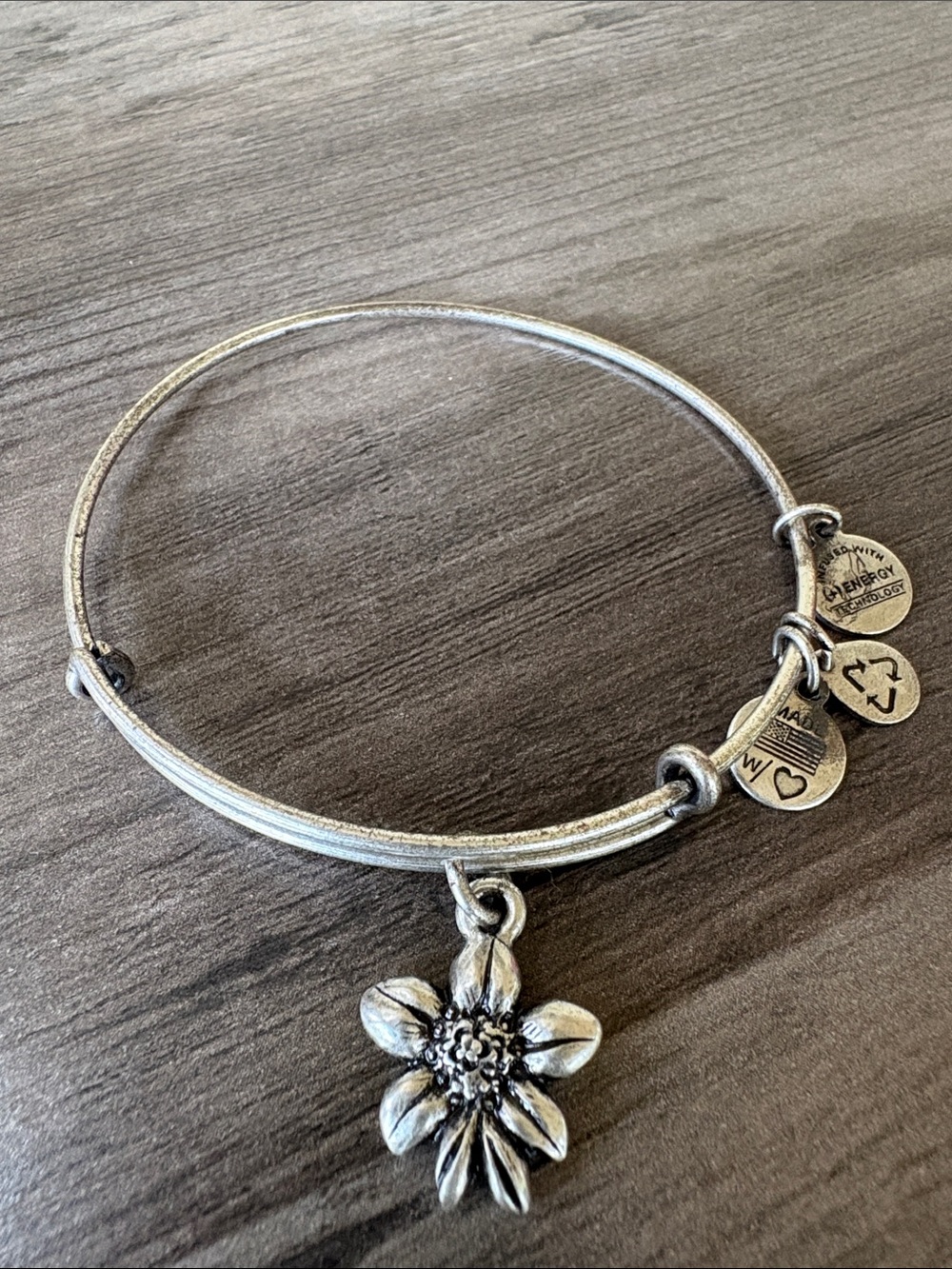Alex and Ani Silver Flower Charm Bangle with Round Tags